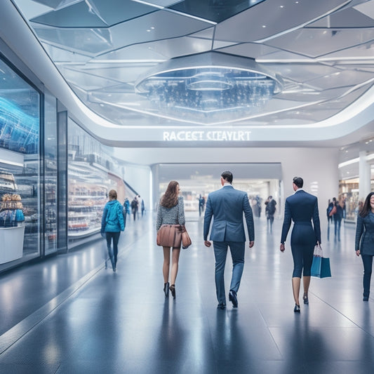 A futuristic shopping mall with sleek, minimalist architecture, bustling with diverse customers interacting with augmented reality displays, robots, and holographic sales associates.