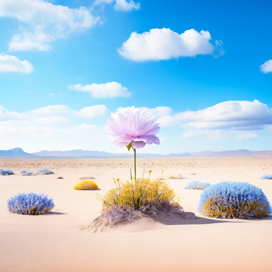 An illustrated landscape with a solitary, vibrant flower blooming amidst a sea of identical, wilted stems, set against a contrasting bright blue sky with fluffy white clouds.