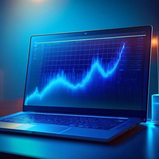 A futuristic, minimalist illustration of a laptop screen displaying a soaring sales graph, surrounded by abstract digital elements and subtle sparks, set against a dark blue background with a subtle grid pattern.