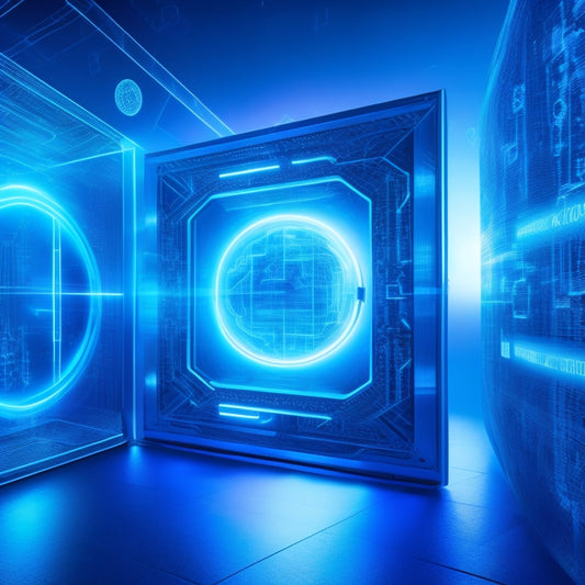 A futuristic digital portal with glowing blue lines and circuits, surrounded by swirling clouds of code, with a subtle grid pattern in the background, and a few 3D puzzle pieces floating nearby.