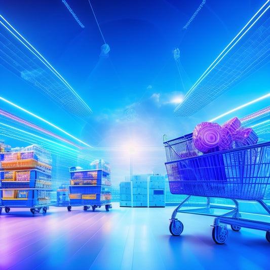 A futuristic ecommerce landscape with sleek, interconnected nodes and gears, surrounded by orbiting shopping carts, laptops, and smartphones, set against a vibrant, electric blue background.
