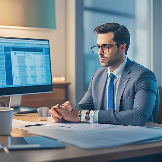 A simplified illustration of a person sitting at a desk, surrounded by organized papers and a laptop, with a calm and relieved expression, amidst a subtle background of financial charts and graphs.