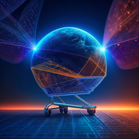 A futuristic, minimalist illustration of a puzzle pieces coming together, forming a shopping cart with a globe inside, surrounded by faint, interconnected lines and subtle, glowing circuitry patterns.