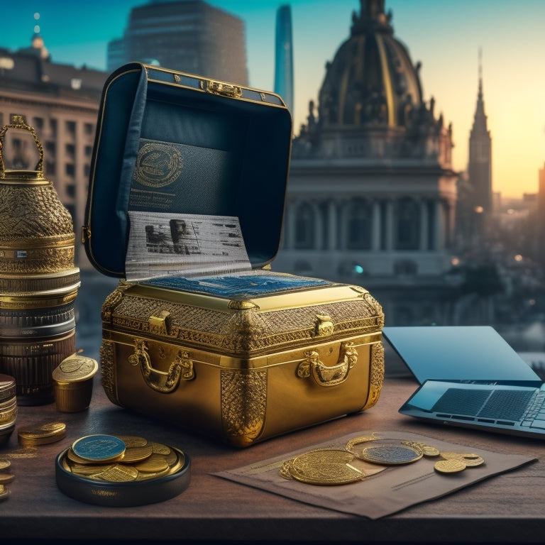 A treasure chest overflowing with gold coins, surrounded by diverse objects like a laptop, a camera, and a shopping bag, set against a cityscape backdrop with a rising graph in the distance.