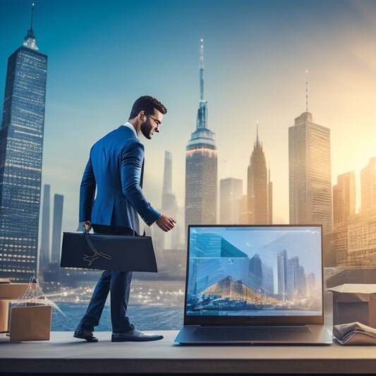 A stylized illustration of a person standing in front of a laptop, surrounded by ascending graphs, shopping bags, and packages, with a subtle cityscape background, conveying growth and success.