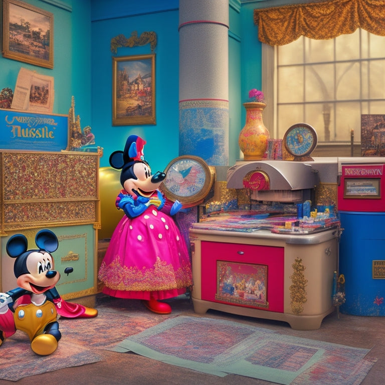 A colorful, whimsical scene featuring Mickey Mouse, Minnie Mouse, and Disney princesses amidst a backdrop of vintage-style printing presses, rolls of paper, and scattered Disney-themed artwork.