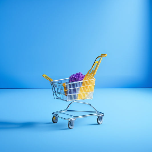 A minimalist, modern shopping cart icon made of sleek silver metal, set against a bright blue background with subtle, gradient shadows, surrounded by tiny, colorful product boxes and confetti.