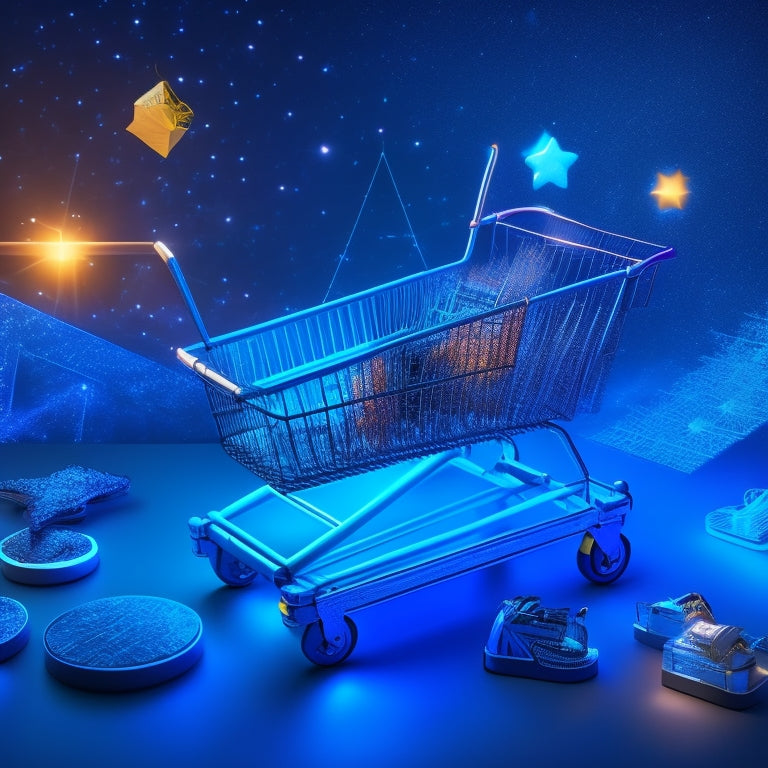 A stylized, 3D illustration of a blueprint with a shopping cart and digital devices integrated into its design, set against a background of rising graphs and stars.