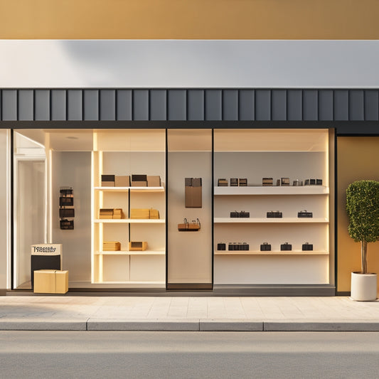 A minimalist illustration of a traditional storefront transforming into a sleek, modern ecommerce platform, with crates and boxes morphing into digital shopping carts and laptops.