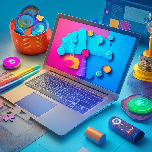 A stylized illustration of a laptop with a glowing screen, surrounded by puzzle pieces forming a circle, with each piece featuring a different digital marketing symbol, such as a megaphone, chart, or target.