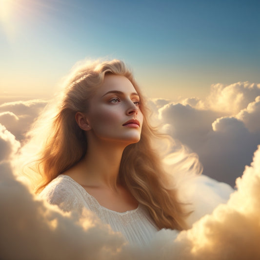 A serene, ethereal background with soft, feathery clouds and a warm, golden light. A delicate, glowing angelic figure emerges, surrounded by a halo of gentle, pulsing colors.