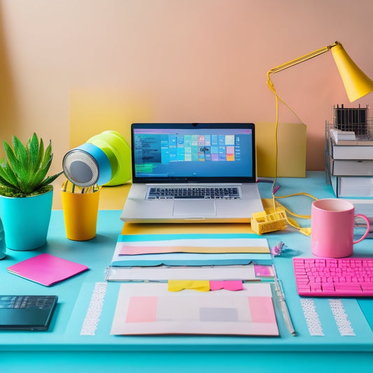 A tidy, modern desk with a laptop, surrounded by colorful sticky notes, a headset, a microphone, and a few ecommerce-related objects like a mini shopping cart or a credit card, set against a soft, pastel background.
