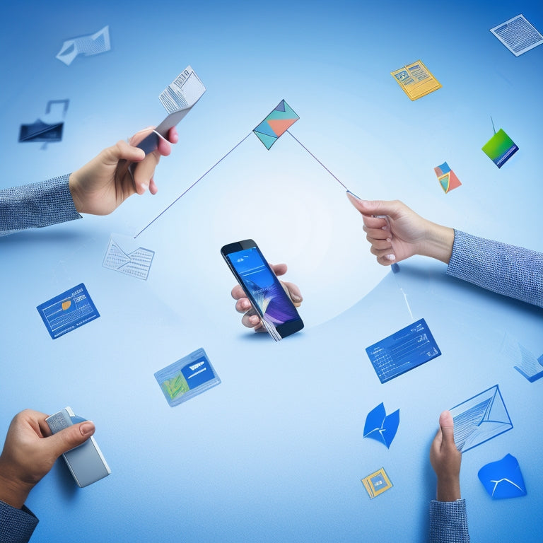 An illustration of a person holding a smartphone, surrounded by various email templates on different devices, with arrows and lines connecting them to convey responsiveness and seamless user experience.