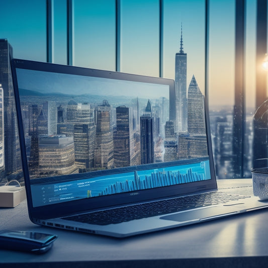 A stylized illustration of a laptop with a growing chart or graph emerging from the screen, surrounded by subtle ecommerce elements like shopping bags, boxes, and a faint cityscape in the background.