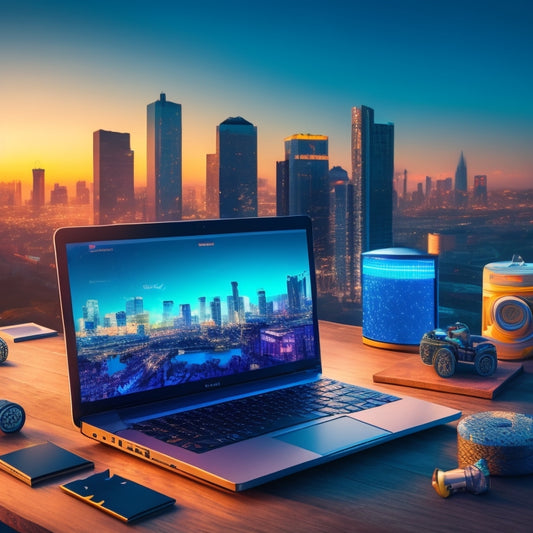 A stylized illustration of a laptop surrounded by floating icons of online courses, shopping carts, and puzzle pieces, with a subtle background of a cityscape at dusk.