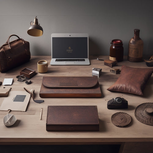 A minimalist illustration of a craftsman's workshop with digital elements, featuring a wooden table with a laptop, surrounded by ecommerce-inspired objects like shopping bags, credit cards, and product packaging.