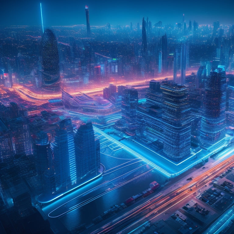 A futuristic cityscape with sleek skyscrapers, illuminated with neon lights, surrounded by orbiting shopping carts, laptops, and smartphones, connected by glowing network lines and nodes.