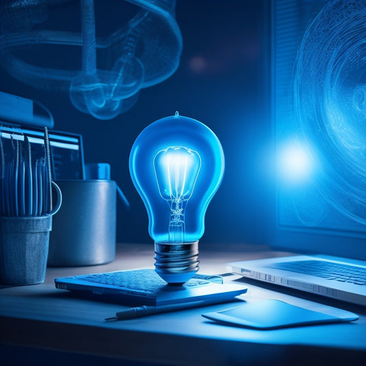 A stylized, modern illustration depicting a lightbulb moment above a laptop, surrounded by swirling lines and shapes in shades of blue, symbolizing innovation and e-commerce growth.