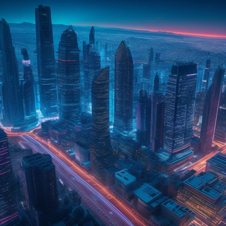 A futuristic, neon-lit cityscape at dusk with sleek skyscrapers, pulsing digital screens, and coding symbols etched into buildings, surrounded by orbiting gears and cogs, with a subtle web of connections.