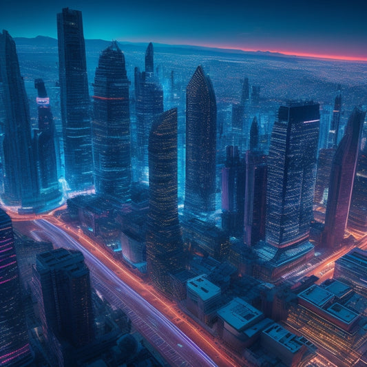 A futuristic, neon-lit cityscape at dusk with sleek skyscrapers, pulsing digital screens, and coding symbols etched into buildings, surrounded by orbiting gears and cogs, with a subtle web of connections.