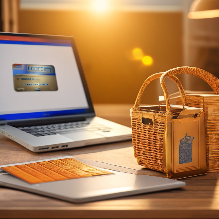 An illustration of a secure online shopping scene: a locked padlock surrounding a laptop with a shopping cart and credit card icons, set against a background of a stylized globe with shipping boxes and envelopes.