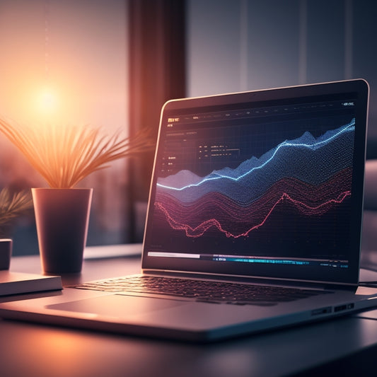 A futuristic, minimalist illustration featuring a stylized, glowing waveform made up of tiny invoices, surrounding a central axis of a laptop, with a subtle, shimmering effect in the background.