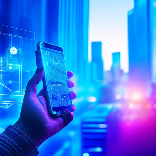 A futuristic, minimalist illustration of a robotic arm holding a smartphone, surrounded by orbiting email icons, with a cityscape or circuit board pattern in the background, conveying innovation and connection.