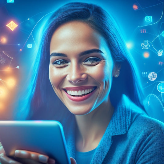 A stylized illustration of a smiling customer surrounded by interconnected digital devices, with glowing loyalty badges and subtle sparks emanating from the connections, set against a warm, gradient blue background.