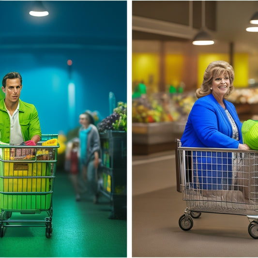 Illustrate a split-screen image: a cluttered, dimly lit shopping cart with broken items and a clock ticking in the background, contrasted with a clean, well-organized cart with a green checkmark and a smiling face.