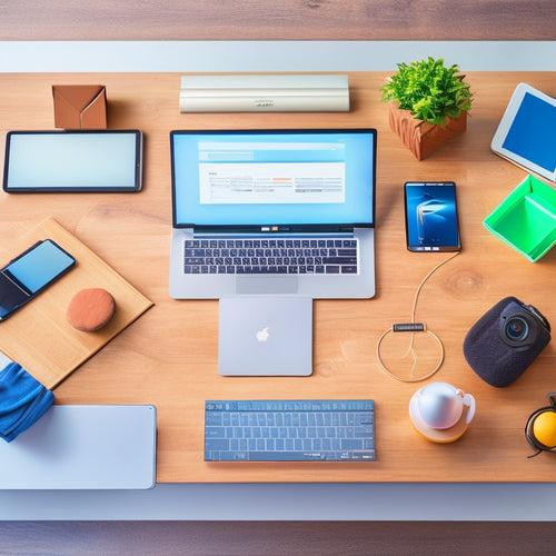 A clutter-free, modern desk with a laptop, smartphone, and tablet, surrounded by various e-commerce icons, such as a shipping box, a credit card, and a chart, in a bright, minimalist background.