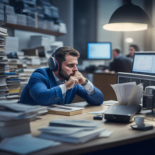 An overwhelmed customer support agent sits at a cluttered desk, surrounded by stacks of dusty training manuals, worn-out headphones, and a computer screen displaying a never-ending queue of customer tickets.