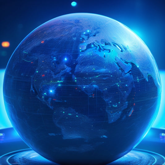 A futuristic, sleek, silver globe with glowing blue circuits and neon lines, surrounded by orbiting digital badges and certificates, with a subtle Google-colored glow in the background.