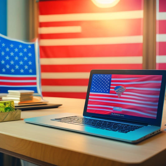 An illustration of a laptop with a rising graph on its screen, surrounded by parcels, shopping bags, and credit cards, set against a blurred American flag background.