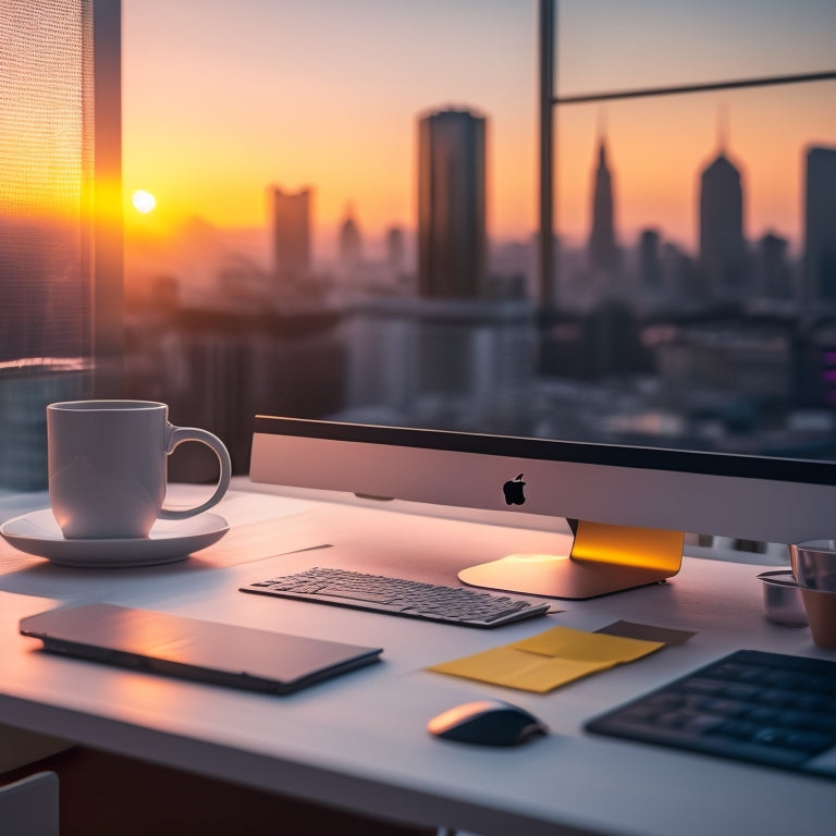 A modern, minimalist desk with a laptop, surrounded by colorful sticky notes, a cup of coffee, and a few e-commerce product prototypes, set against a blurred cityscape background at sunset.