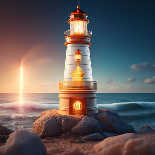 An illustration of a lighthouse beacon shining bright, surrounded by rising arrows and growing dollar signs, with a subtle magnifying glass in the background, symbolizing enhanced search visibility.