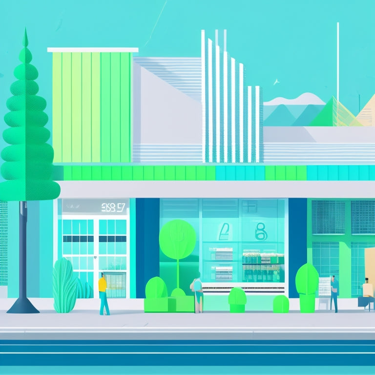 A minimalist illustration featuring a stylized retail storefront with a subtle grid pattern in the background, surrounded by ascending arrows, graphs, and rising charts in shades of calming green and blue.