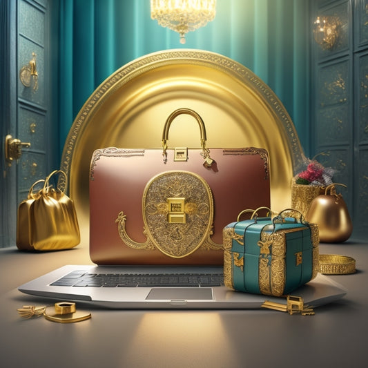 A stylized illustration of a locked treasure chest overflowing with shopping bags, laptops, and mobile devices, with a shimmering golden keyhole and a subtle ecommerce website interface in the background.