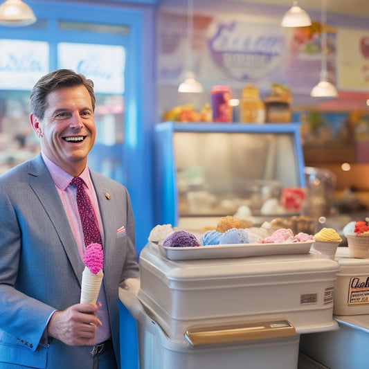 A warm and inviting image of a congressman, Representative Bacon, smiling and holding an ice cream cone, surrounded by colorful ice cream machines and eclectic decor in a bustling small business, Ecreamery.