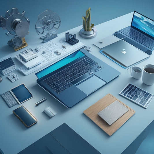 A futuristic, minimalist desk with a sleek laptop, surrounded by scattered puzzle pieces, gears, and cogs, with a subtle digital grid overlay, and a few 3D models of smartphones and tablets in the background.