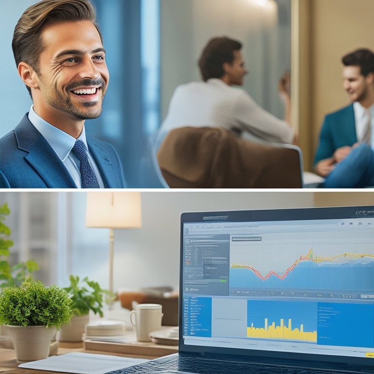 A split-screen image with a laptop on the left, showcasing a profitable online course dashboard with rising graphs and increasing numbers, and a merchant on the right, smiling and holding a bag of money.