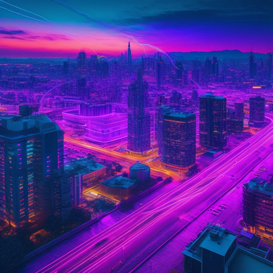 A stylized, neon-lit cityscape at dusk with glowing digital circuits and wires bursting out of buildings, symbolizing rapid ecommerce growth, amidst a background of dark blues and purples.