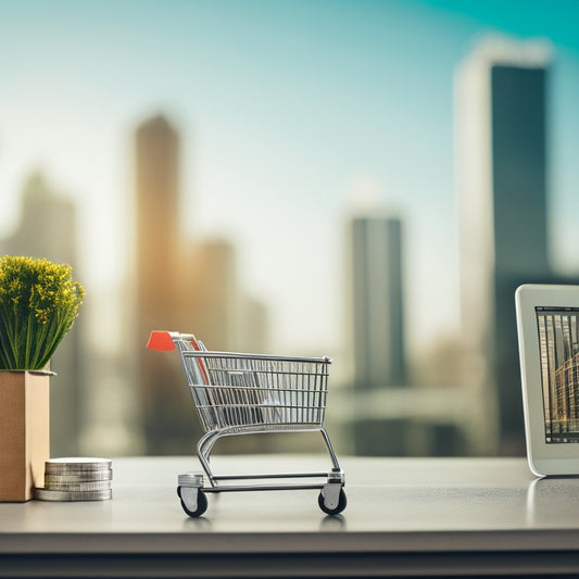 A minimalist illustration featuring a fit, toned arm holding a tablet with a growing chart on the screen, surrounded by scattered coins, a miniature shopping cart, and a subtle cityscape in the background.