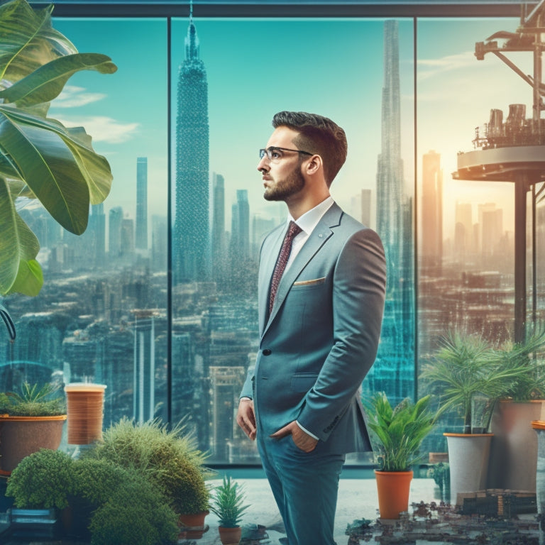 An illustration of a small business owner standing in front of a growing plant, surrounded by puzzle pieces, gears, and sparks, with a subtle cityscape background, conveying growth and innovation.