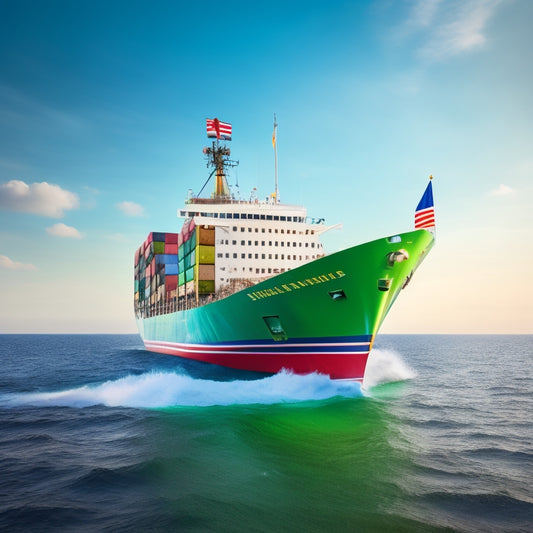 A stylized illustration of a cargo ship sailing smoothly through calm waters, with a subtle Indian flag on the ship's mast, surrounded by floating packages with Shopify logos and a faint outline of the globe in the background.