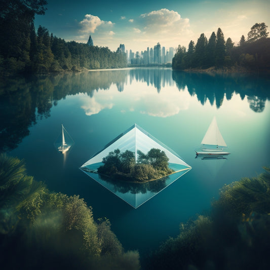 A stylized, abstract representation of a crystal-clear lake, reflecting a perfect, symmetrical cityscape, surrounded by lush greenery, with a few sailboats and a subtle, glowing aura.