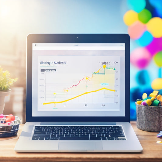 An illustration of a laptop screen displaying an e-commerce website with a subtle shopping cart icon in the corner, surrounded by rising arrow graphs and confetti, set against a bright, sunny background.