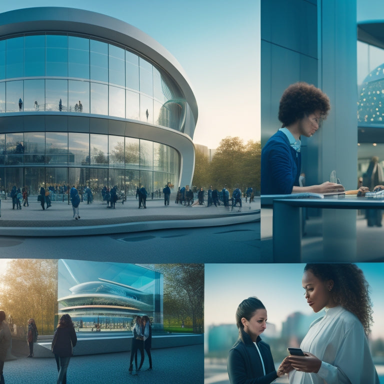 A futuristic university campus with sleek, modern buildings and a bustling quad, surrounded by holographic screens displaying financial transactions, with students and faculty effortlessly making payments using smartwatches and phones.