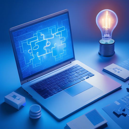 A stylized illustration of a laptop with a glowing lightbulb above it, surrounded by ascending arrows and interconnected puzzle pieces, set against a subtle gradient background of blues and whites.
