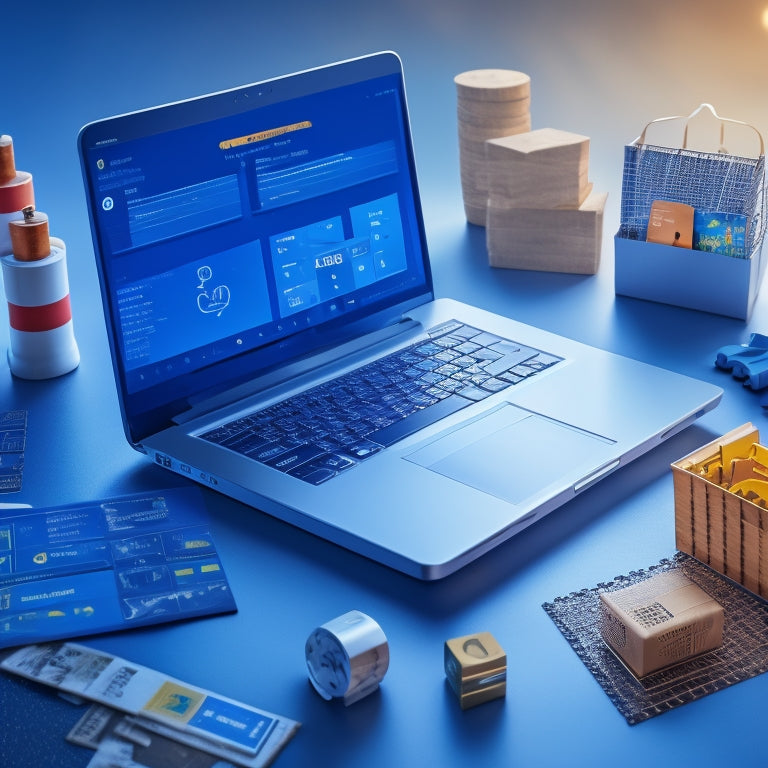 An illustration of a laptop displaying a dashboard with puzzle pieces fitting together, surrounded by e-commerce icons, such as shopping carts and credit cards, with a subtle background of coding lines.