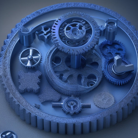 An intricate 3D puzzle with interconnected gears, cogs, and blocks in shades of blue, gray, and silver, with some pieces fitting together seamlessly, while others are stuck or missing, set against a dark gradient background.